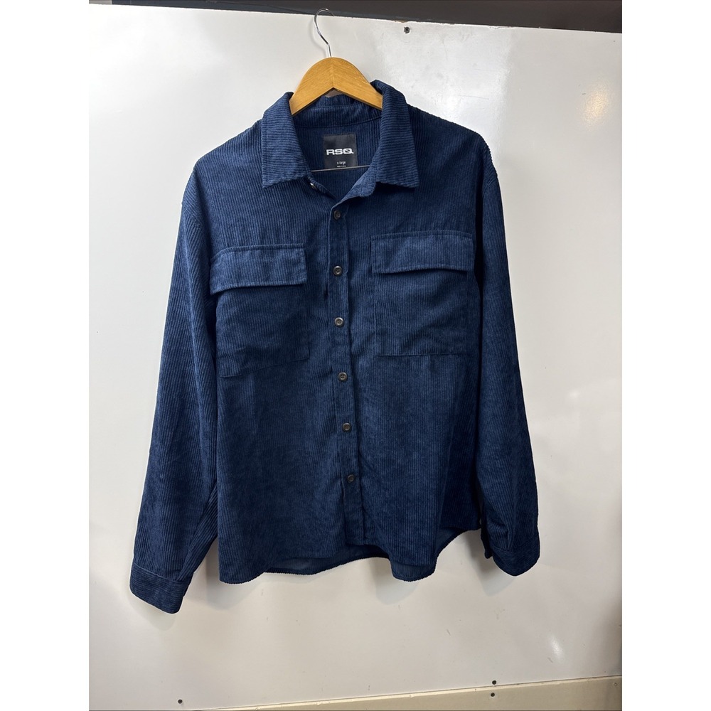 RSQ Shirt Men Size XL Blue Corduroy Button Down Long Sleeve Ribbed Ridges